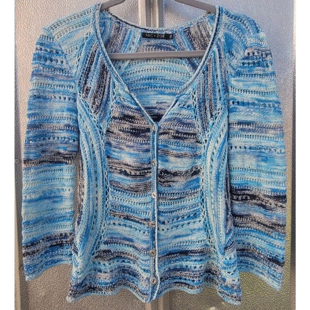 Nic + Zoe Crochet Multicolor Blue Cardigan Sweater Size PS